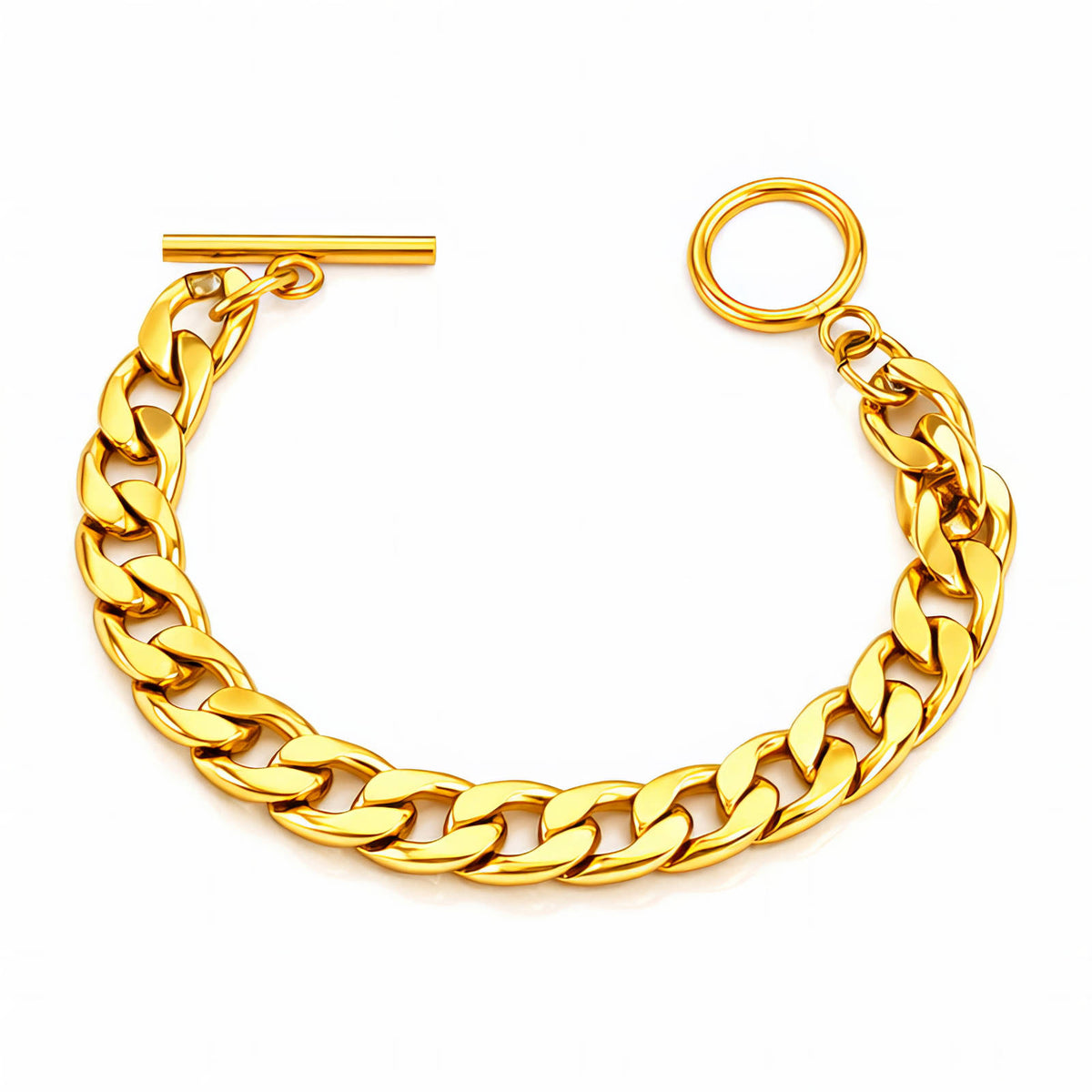 Bracciale dorato a maglia grumetta con chiusura a T