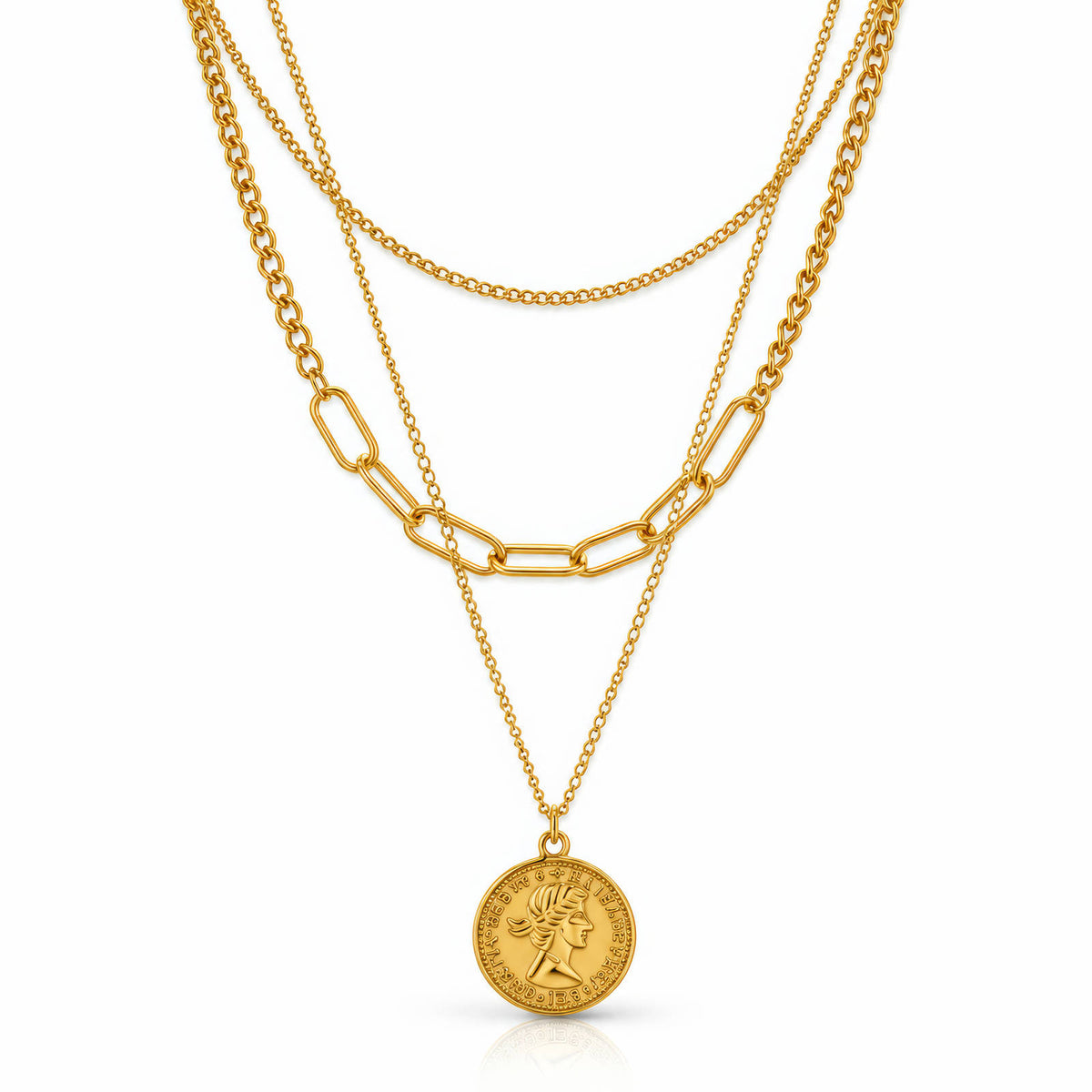 Collana a tre fili dorata con moneta