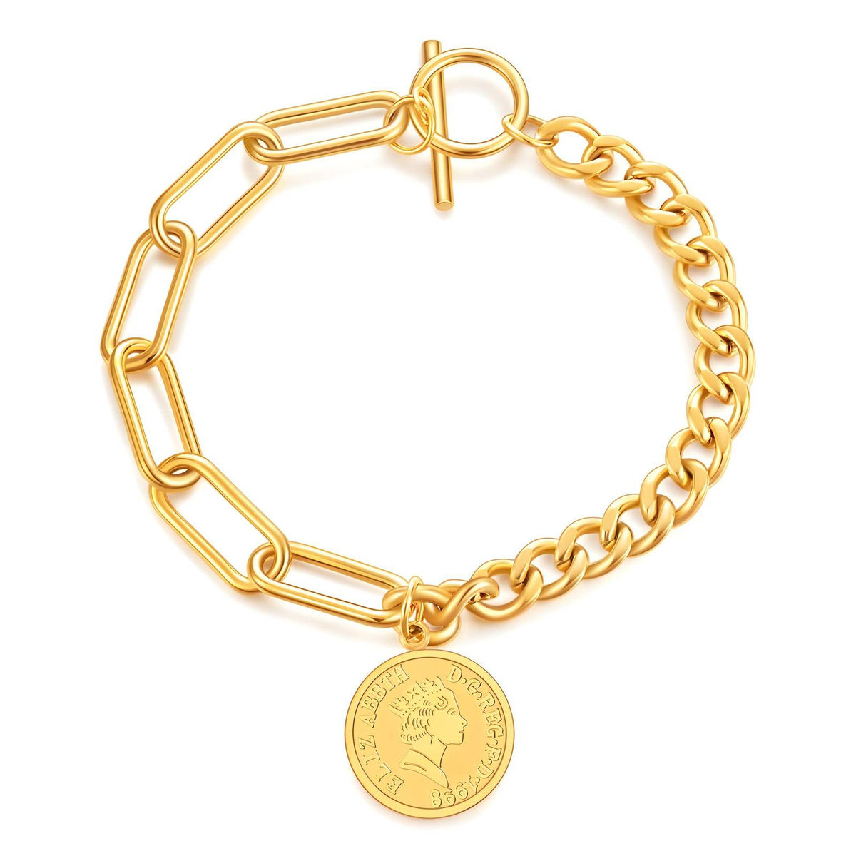 Bracciale dorato a due maglie con moneta