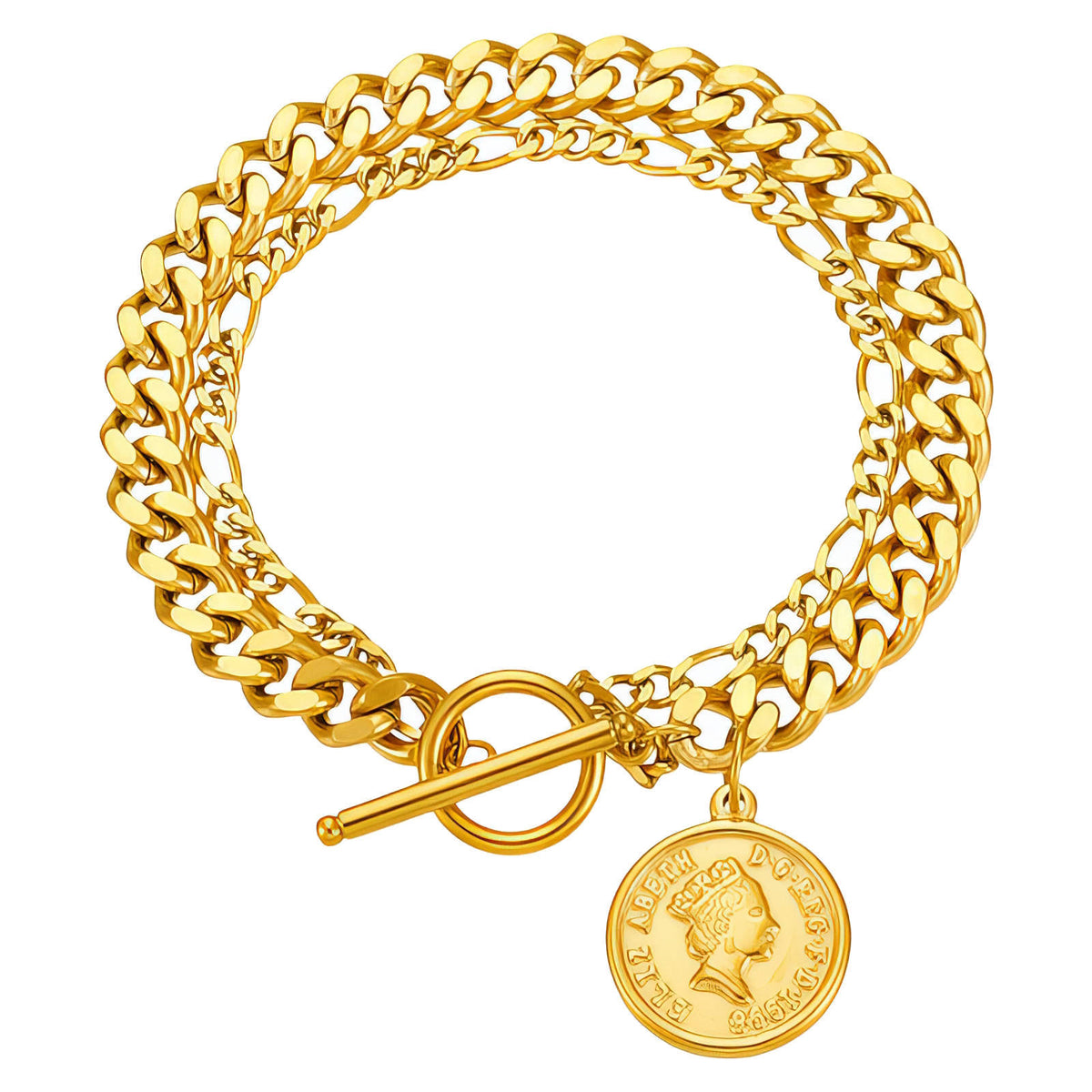 Bracciale dorato a doppia catena con moneta