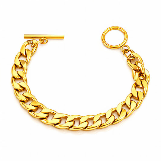 Bracciale dorato a maglia grumetta con chiusura a T